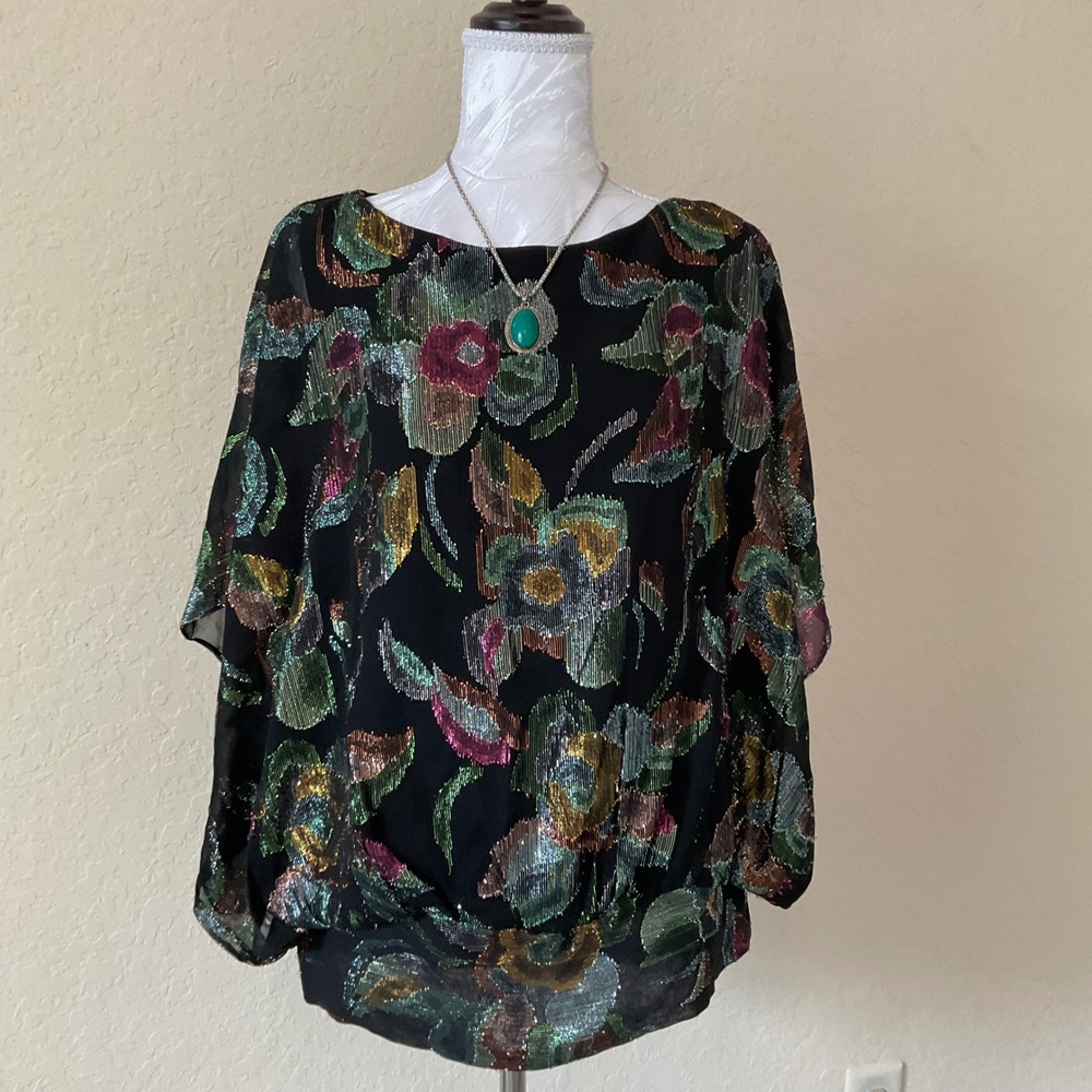 Vintage Patra Disco Blouse Womens 7 8 Black Metallic Floral Y2K Party Glam